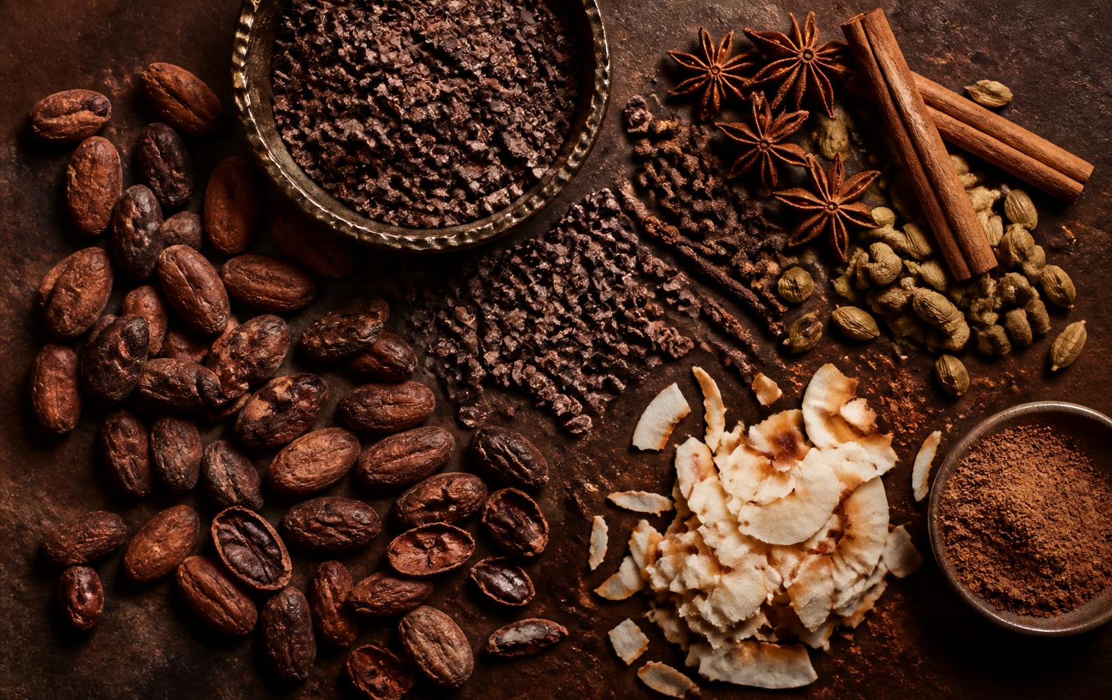 Cacao beans, nibs, spices and coconut flakes on a dark surface
