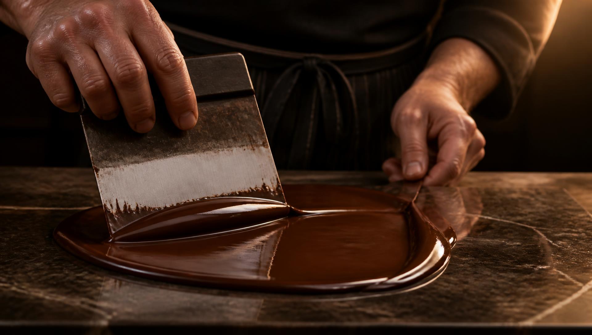Chocolate being tempered by hand on a stone slab
